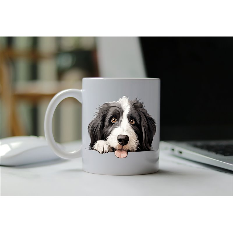 11oz mug  - peeking dog - Bearded Collie
